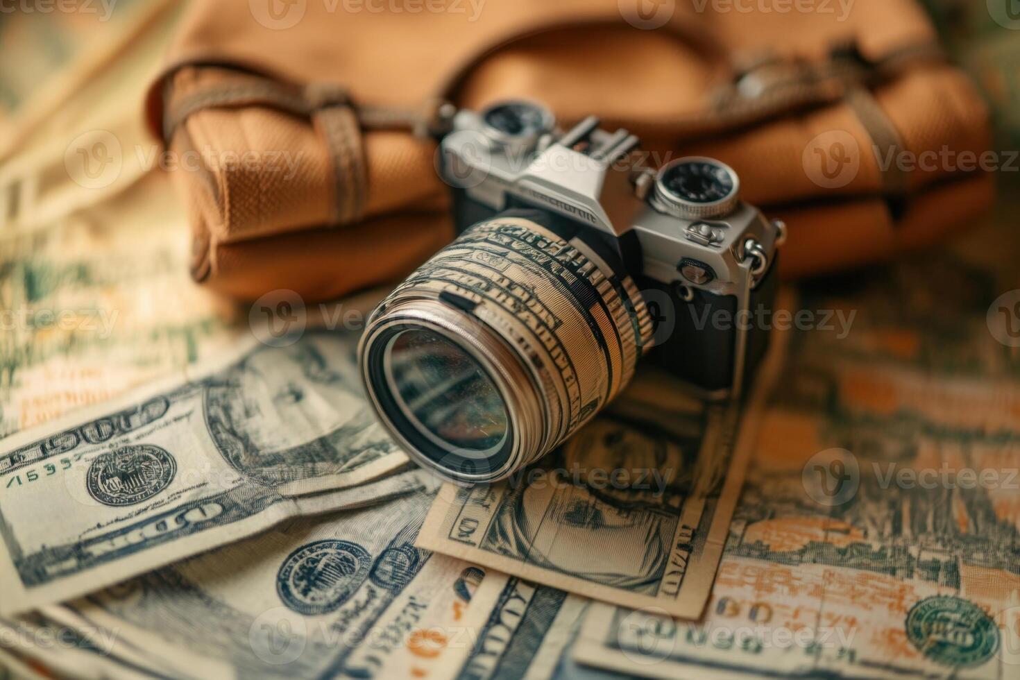 Vintage camera on a pile of US dollar bills with a brown leather case. photo