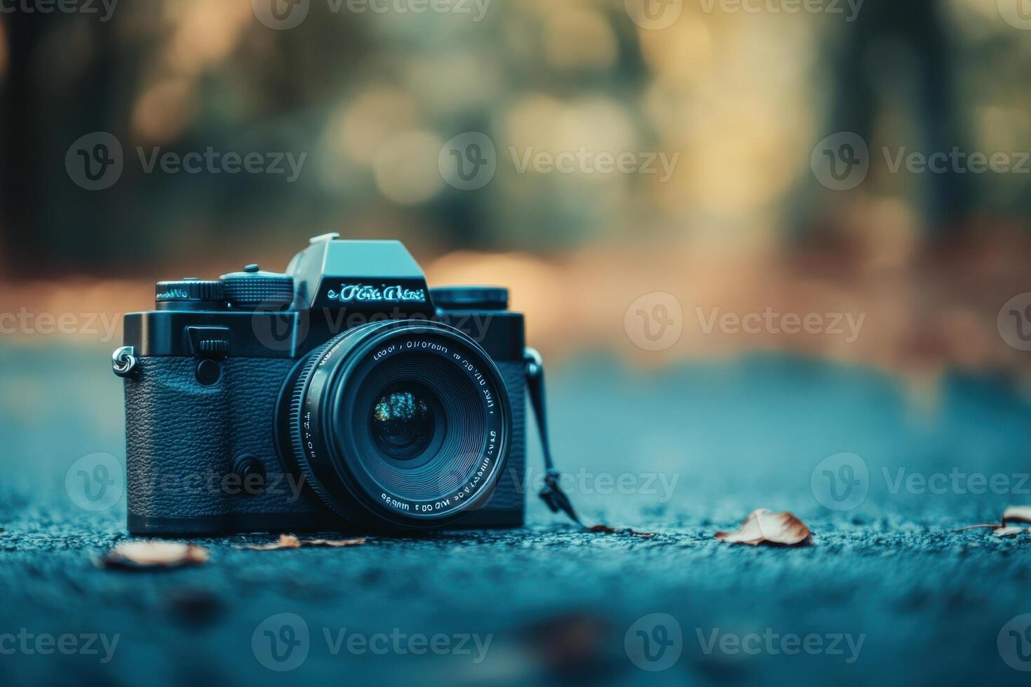 A black camera on a asphalt road with fallen leaves in the background. photo
