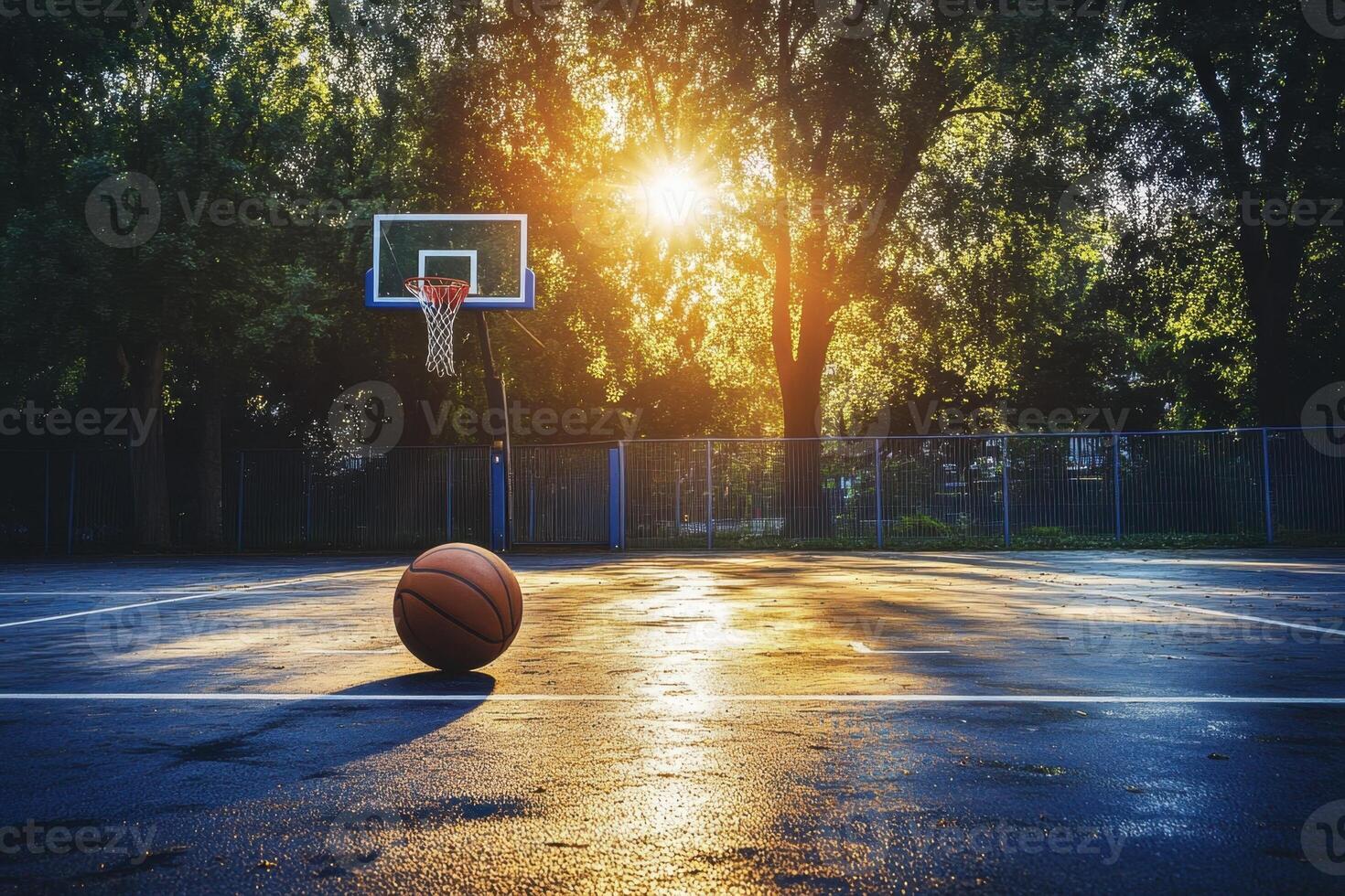Basketball on a wet court at sunset. photo