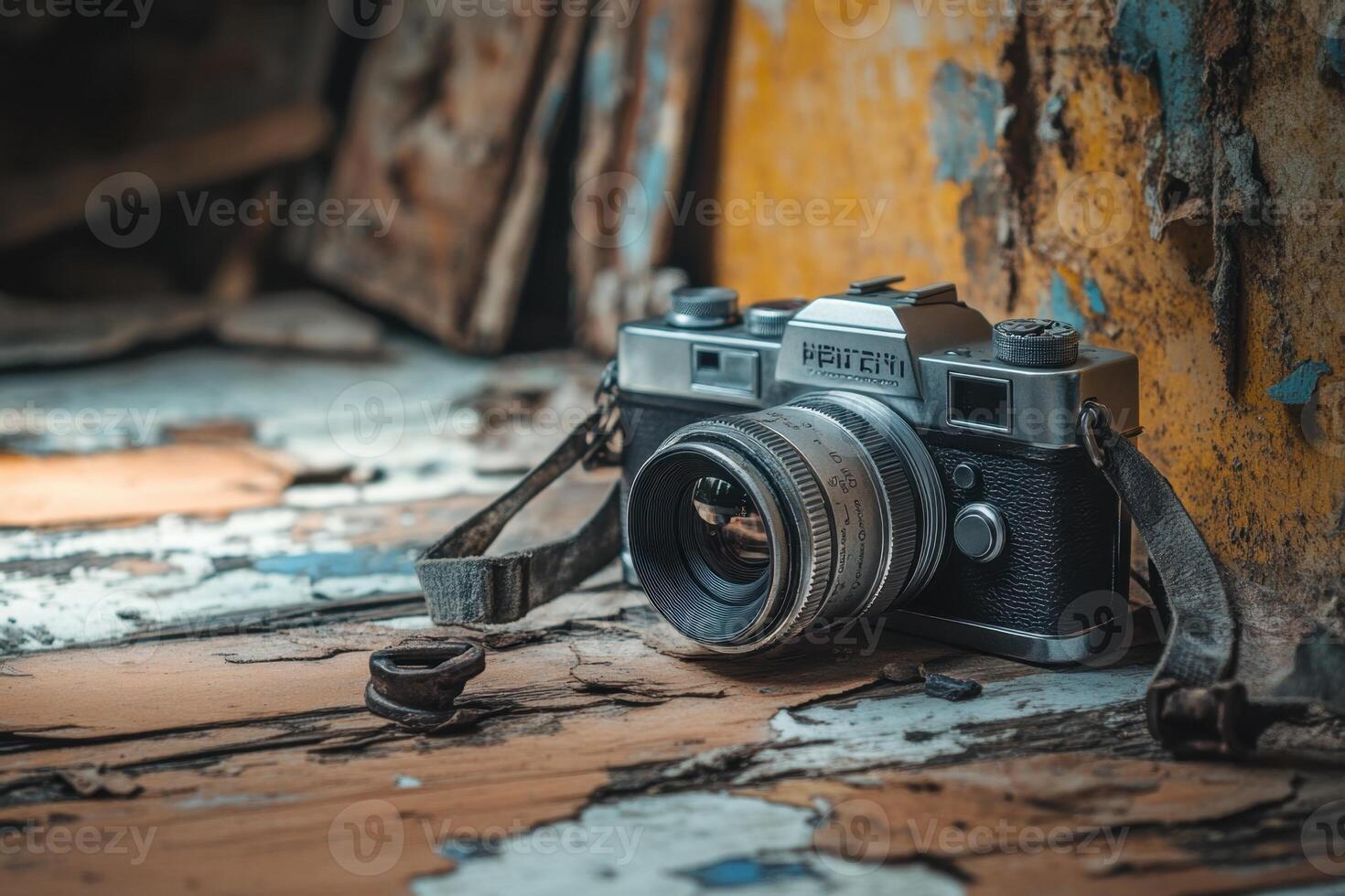 Vintage camera on a weathered wooden surface. photo