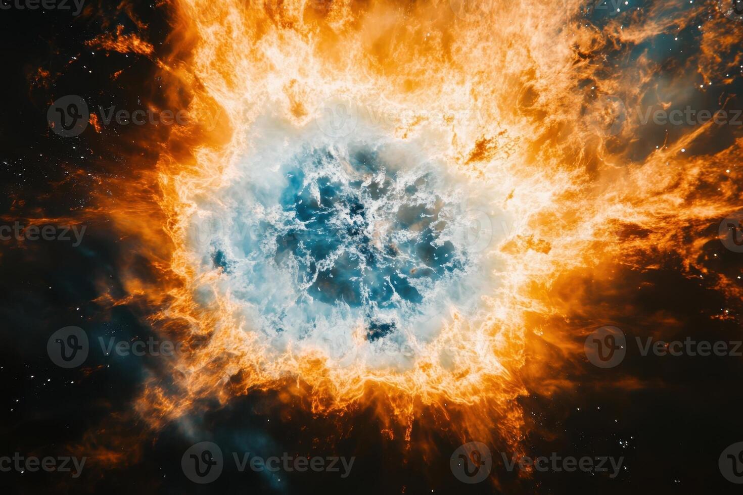 A cosmic explosion with a blue and white center surrounded by fiery orange gas and a star field. photo