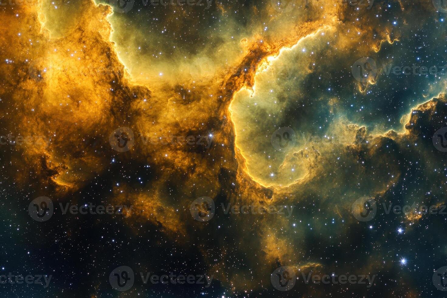 A cosmic nebula glows with vibrant yellow, orange, and blue hues, illuminating the surrounding starry expanse. photo