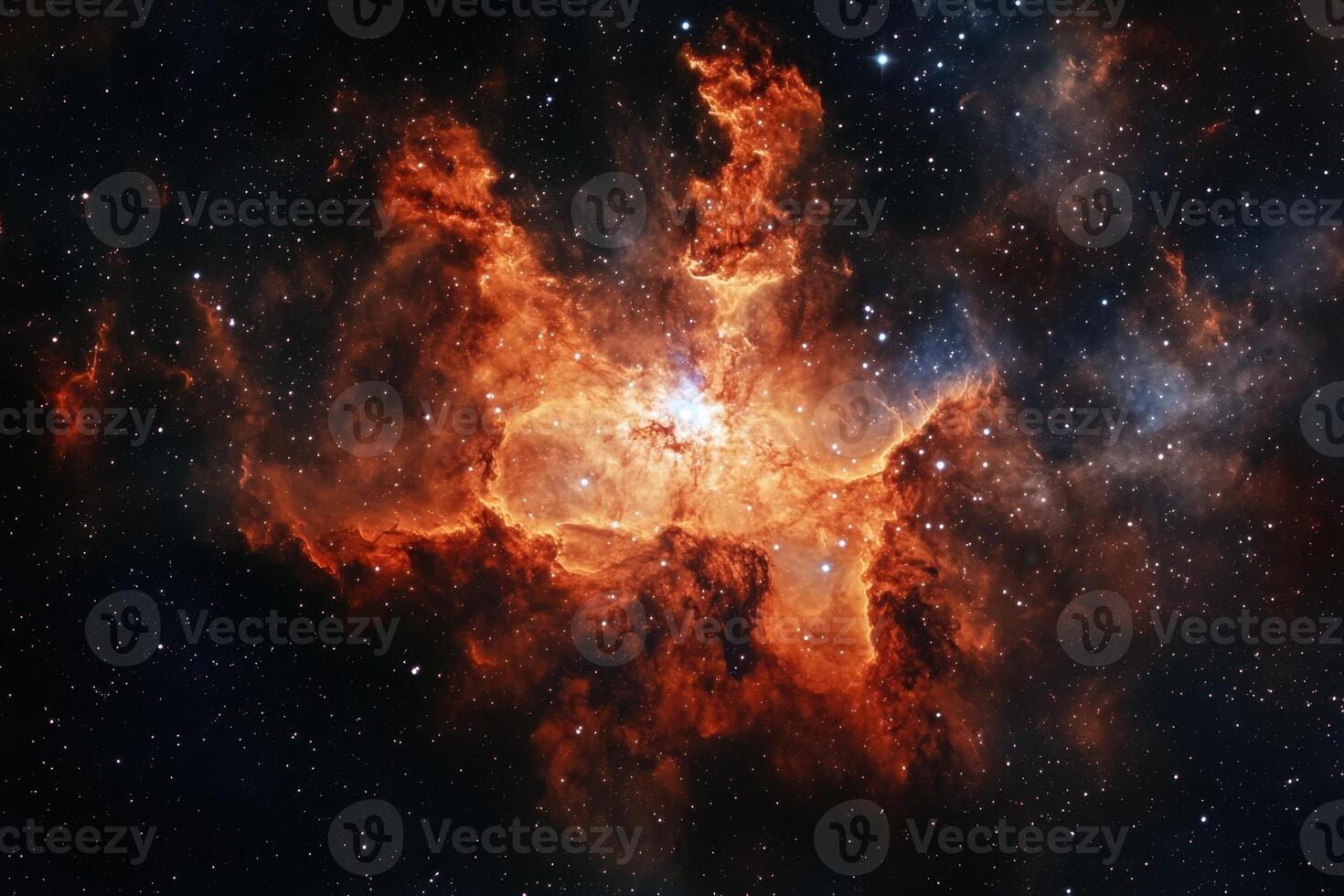 A cosmic nebula in the night sky with red and orange glowing gas. photo