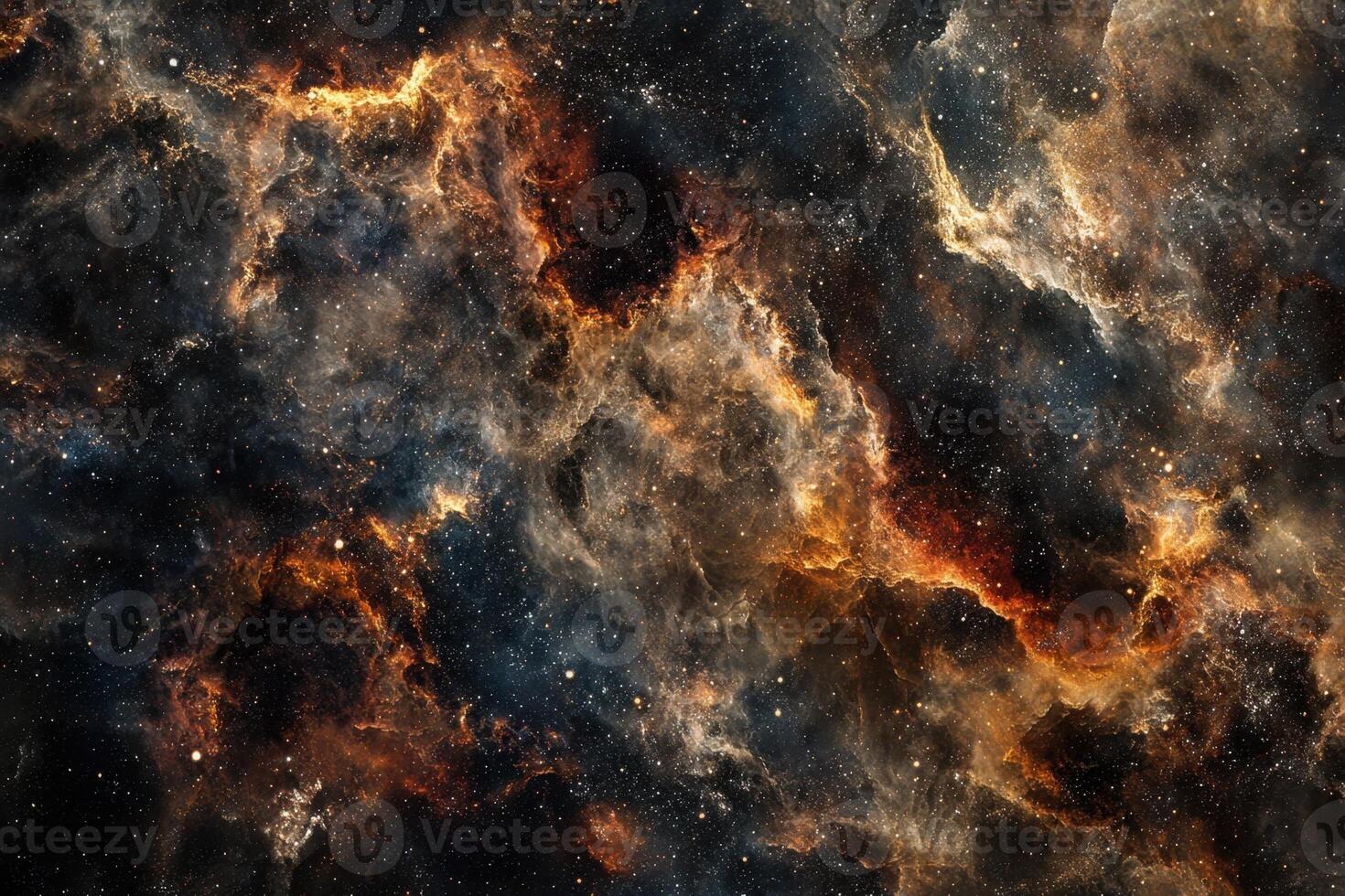 A cosmic nebula with swirling clouds of gas and dust in shades of orange, yellow, and blue. photo