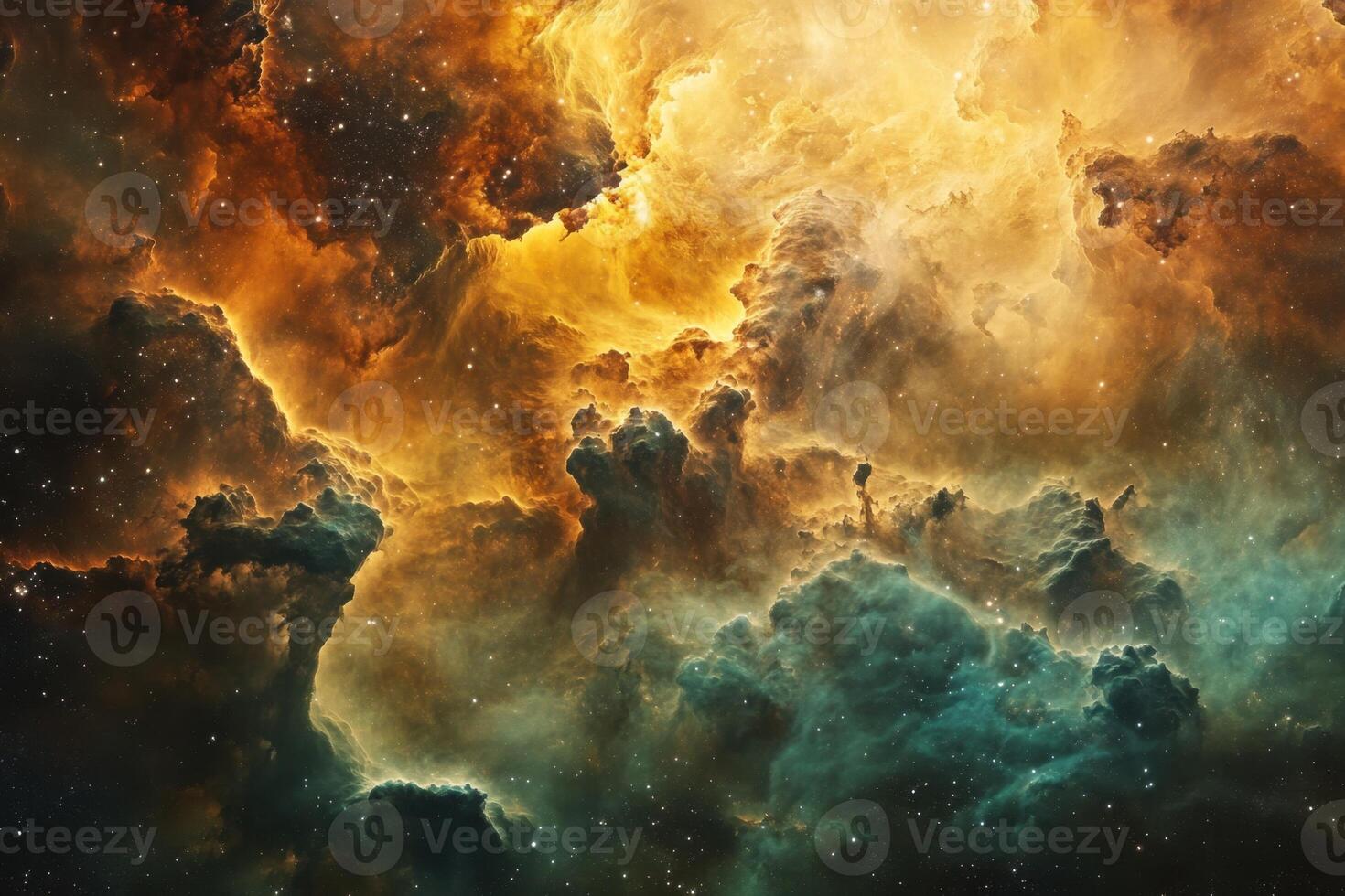 A cosmic nebula with swirling clouds of gas and dust in shades of orange, yellow, and green. photo