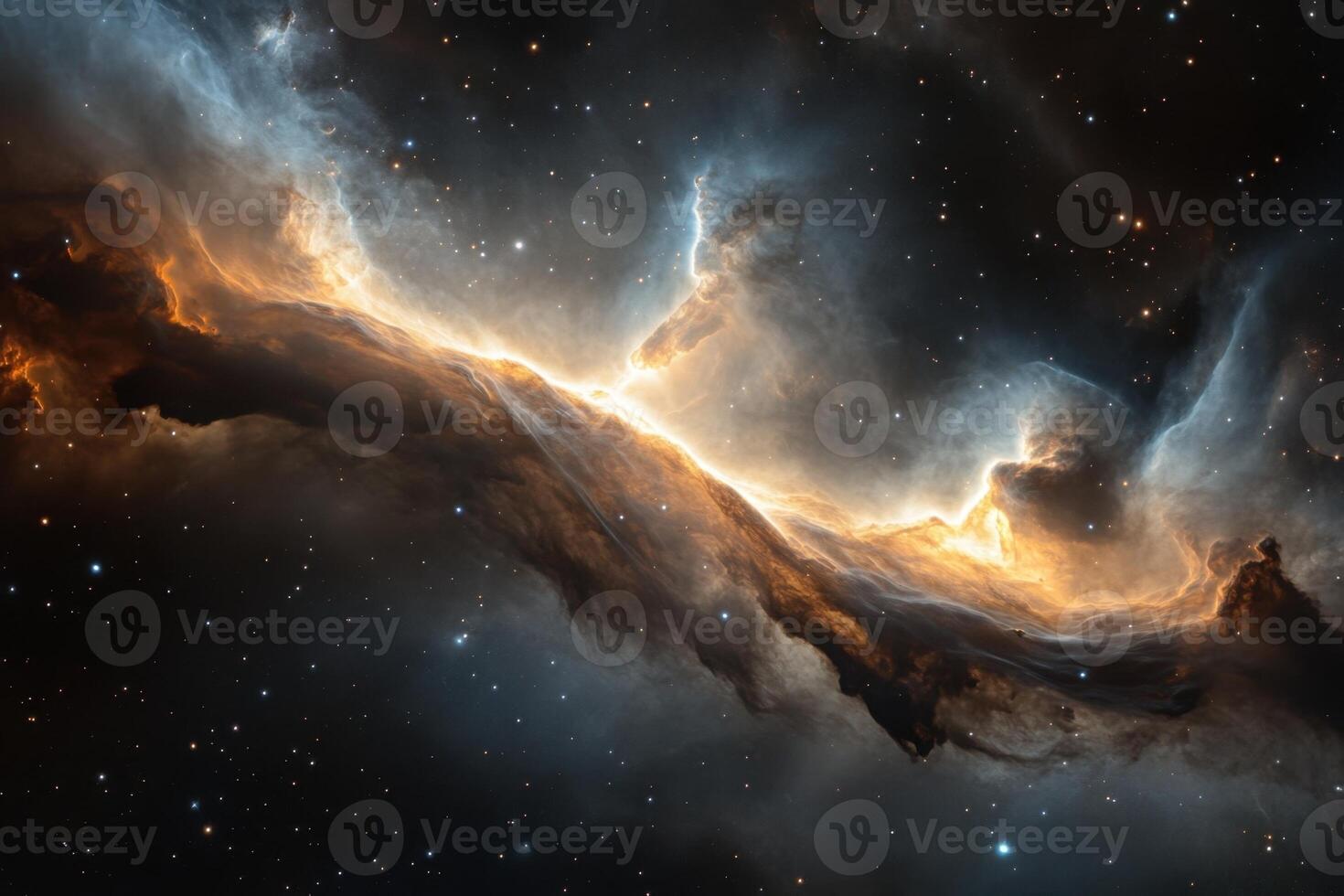 A cosmic nebula with swirling gas and dust, illuminated by starlight. photo