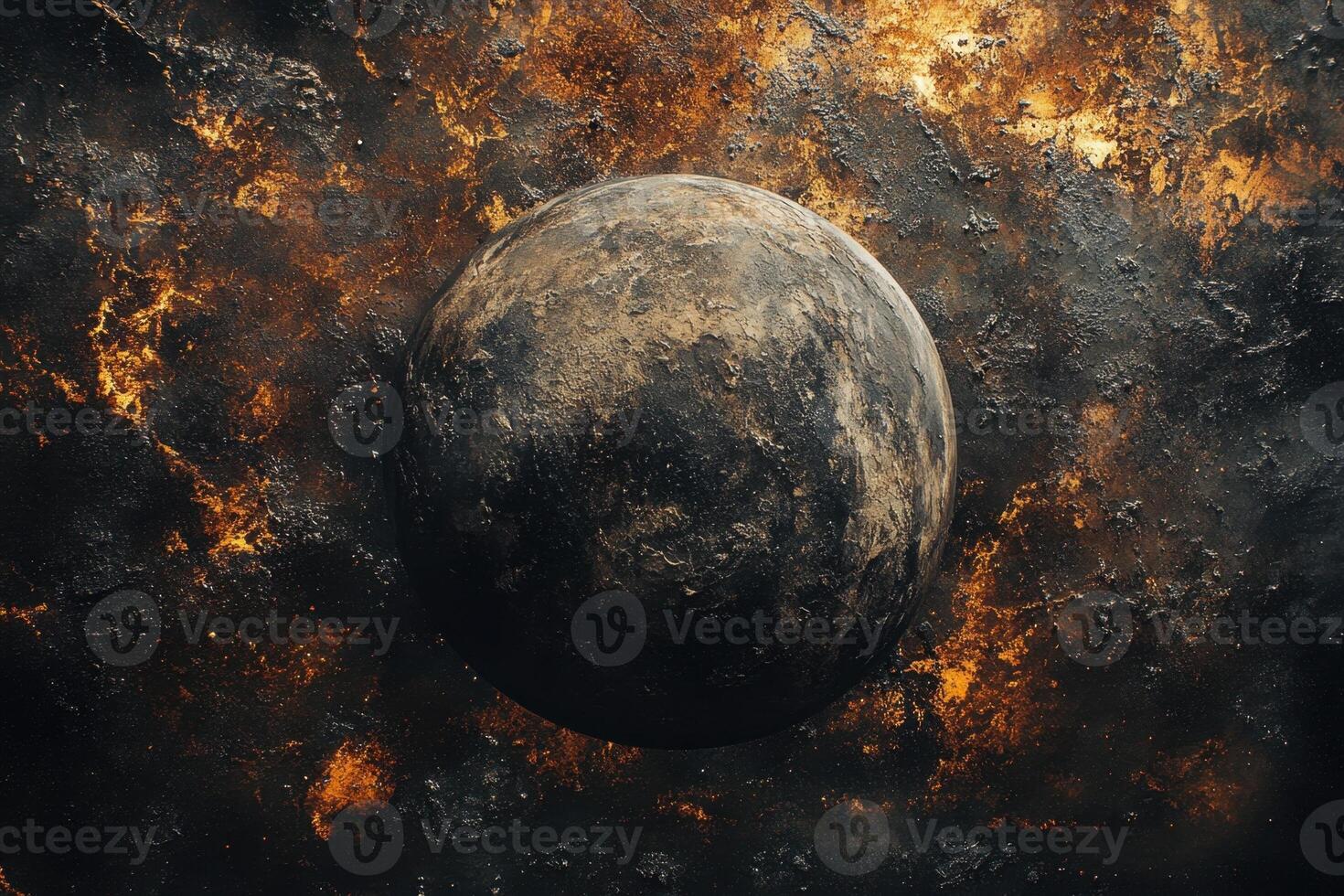 A dark, rocky planet in a fiery, swirling nebula. photo