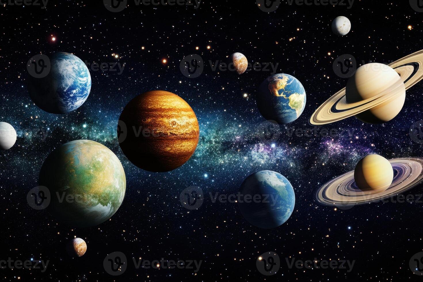 A cosmic view of the solar system with planets, stars, and the Milky Way galaxy in the background. photo
