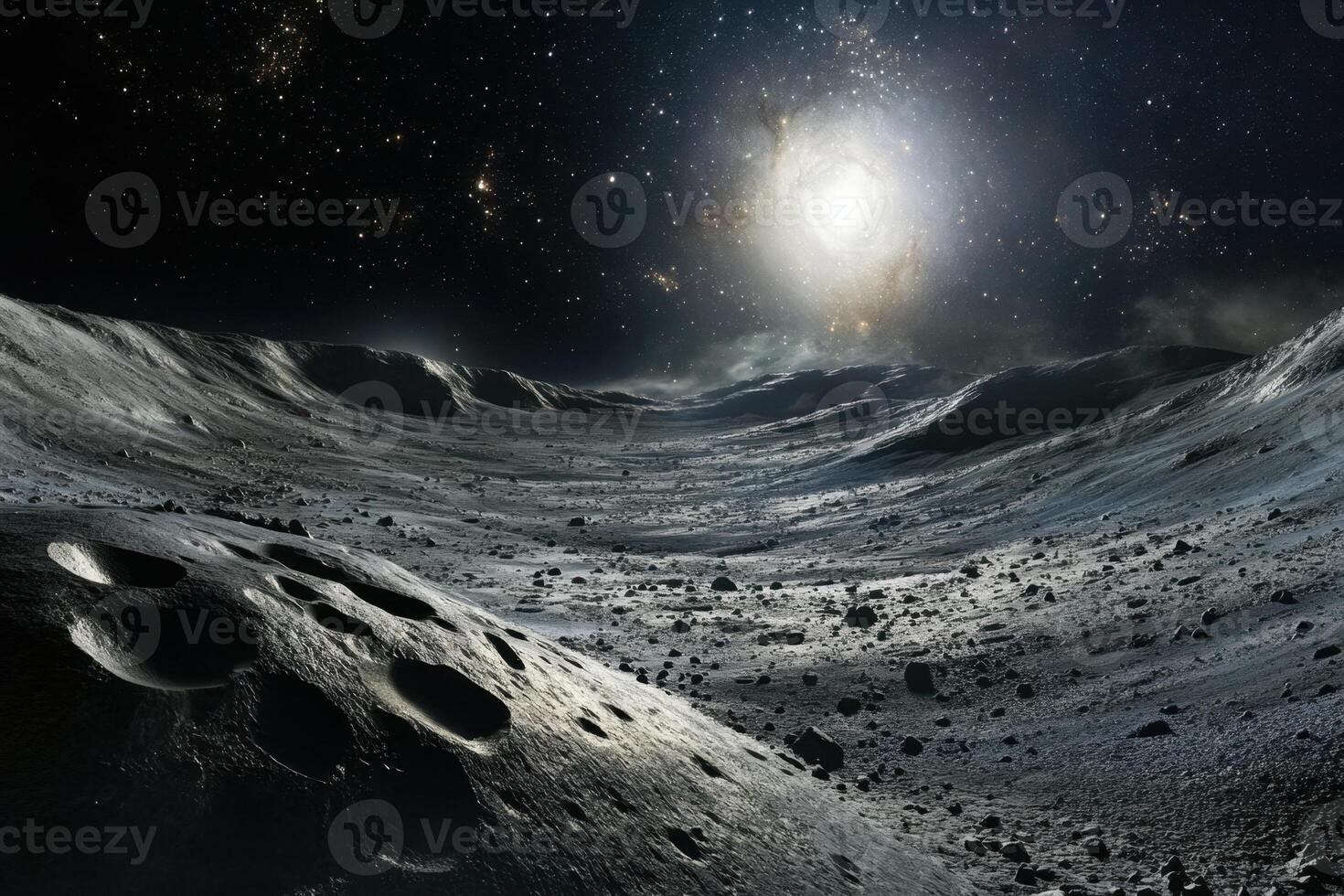 A barren, cratered alien landscape under a starry sky. photo