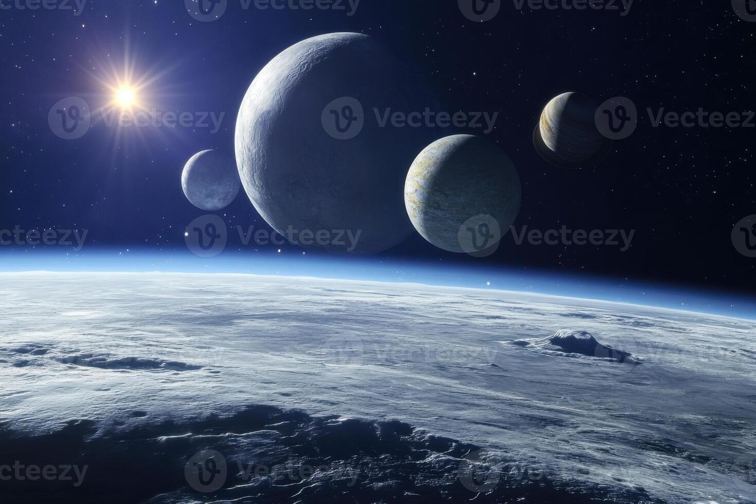 A distant planet with a bright sun and three moons in the night sky. photo