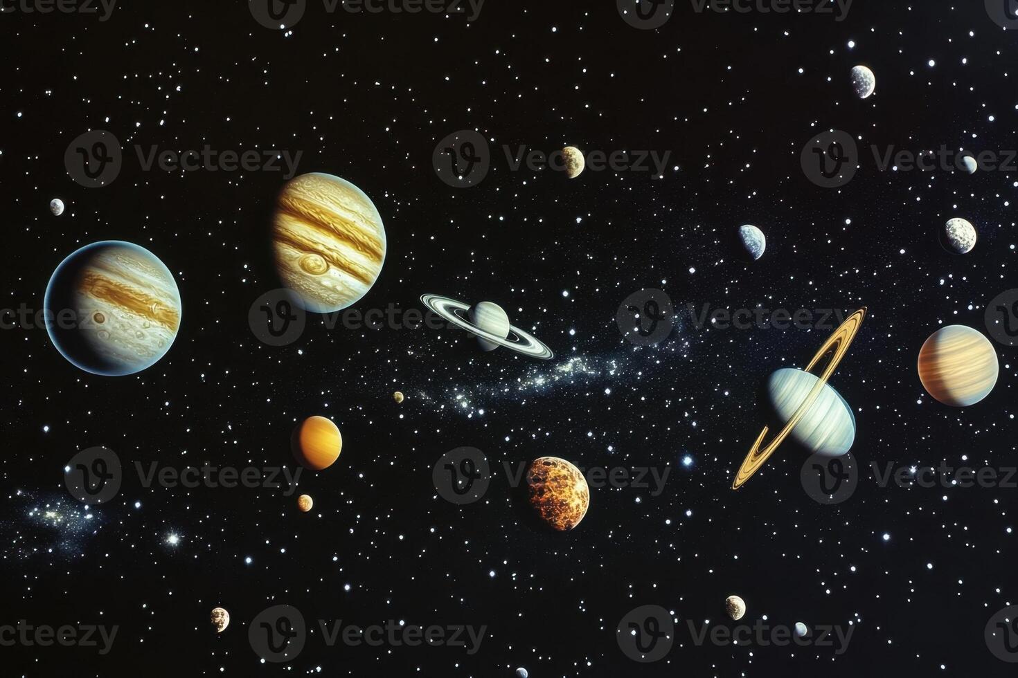 A depiction of the solar system with planets, moons, and stars against a dark background. photo