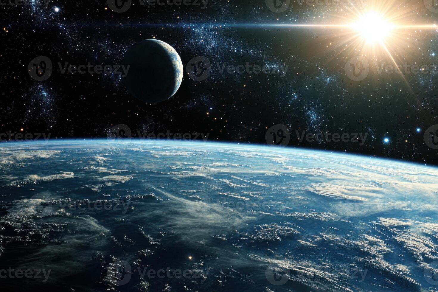 A blue planet in a starry sky with a glowing sun. photo