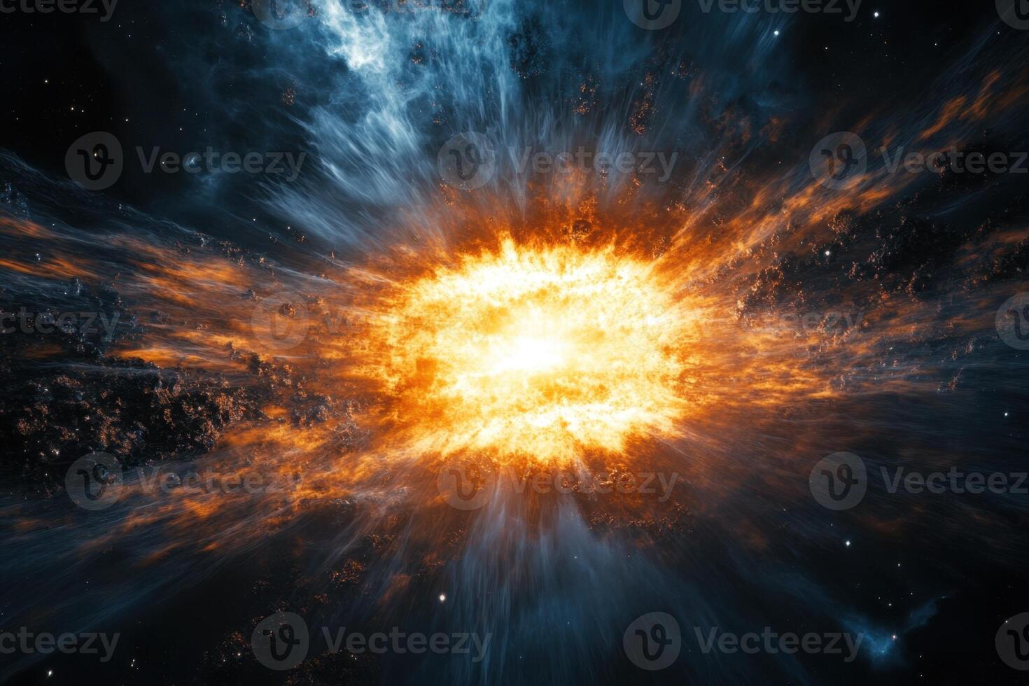A fiery explosion in space, surrounded by swirling clouds of gas and dust. photo