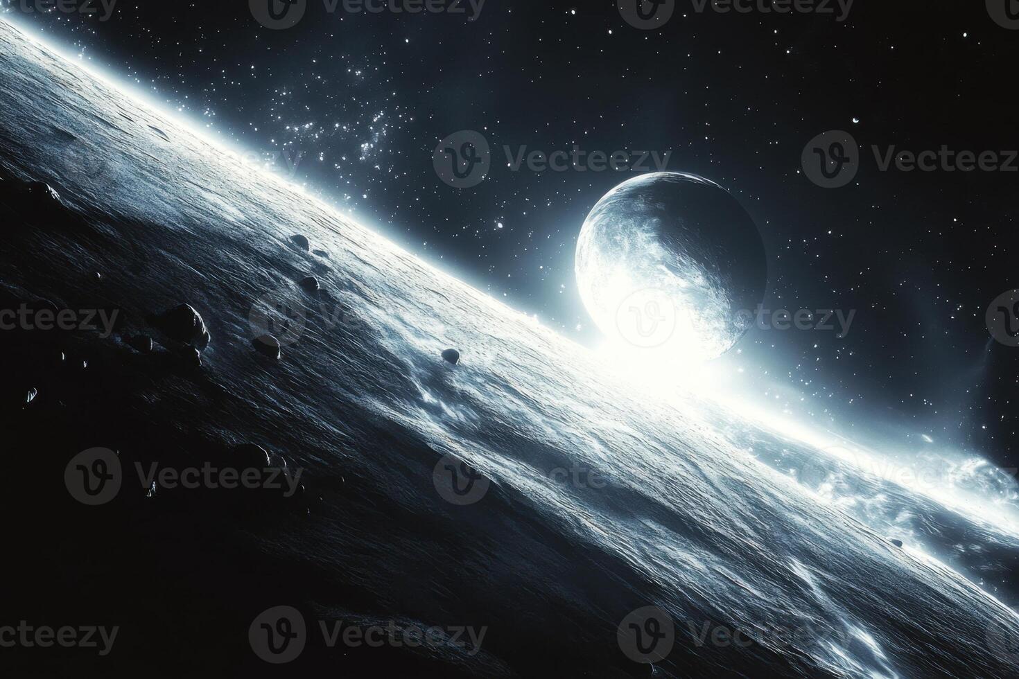A distant planet in the cosmic void with a bright star shining in the distance. photo