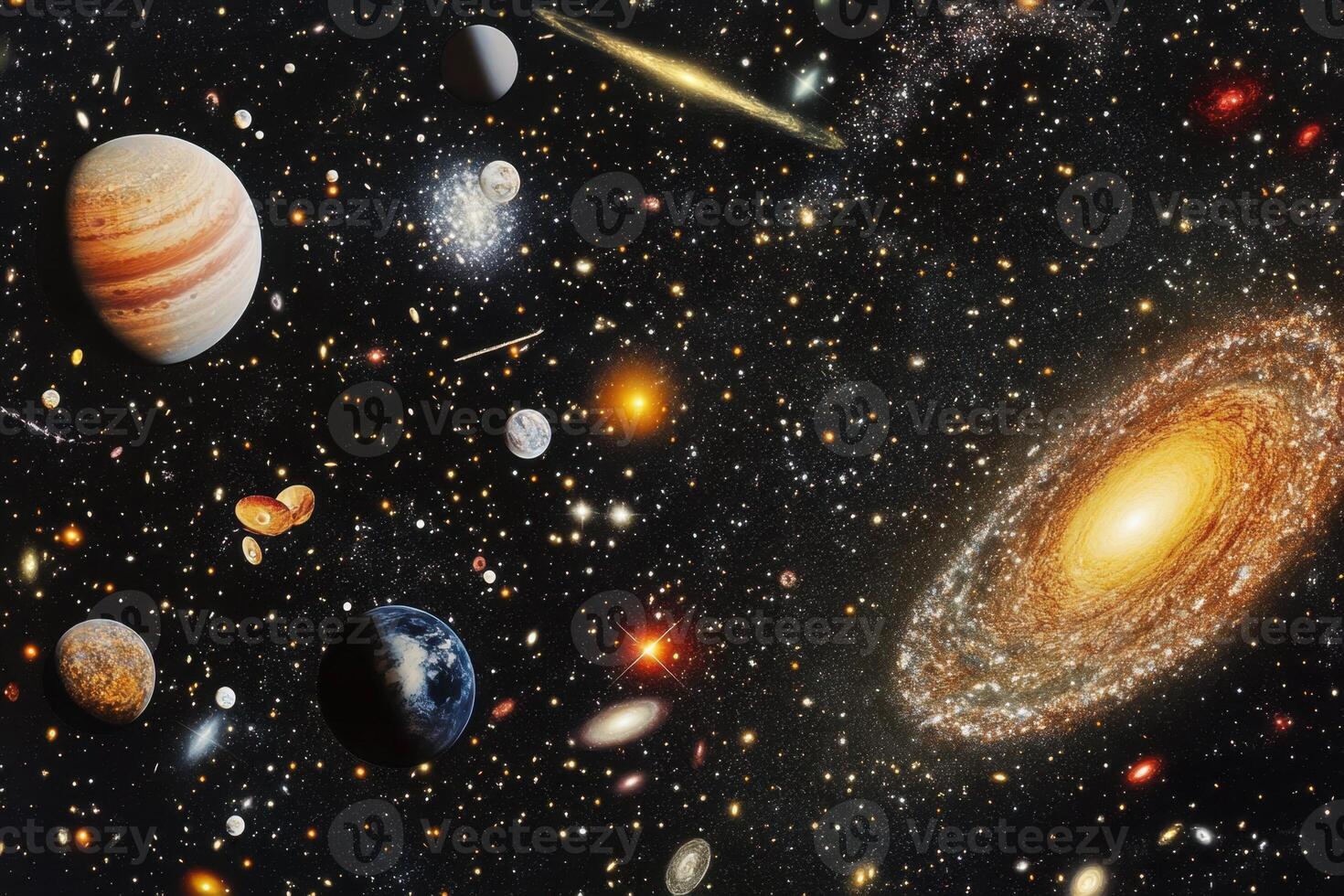 A beautiful view of the universe, showing planets, stars, galaxies and nebulae. photo