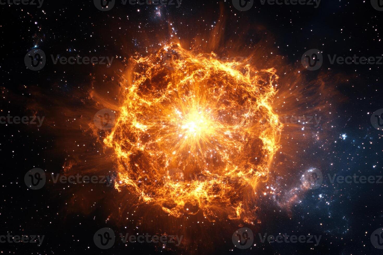 A fiery explosion in space, with bright orange and yellow light against a dark background of stars. photo
