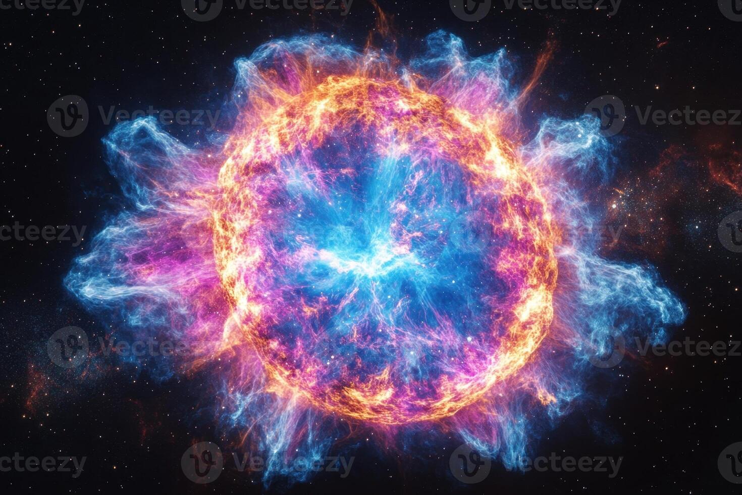 A fiery, glowing sphere of energy with a blue core in a dark space with stars. photo
