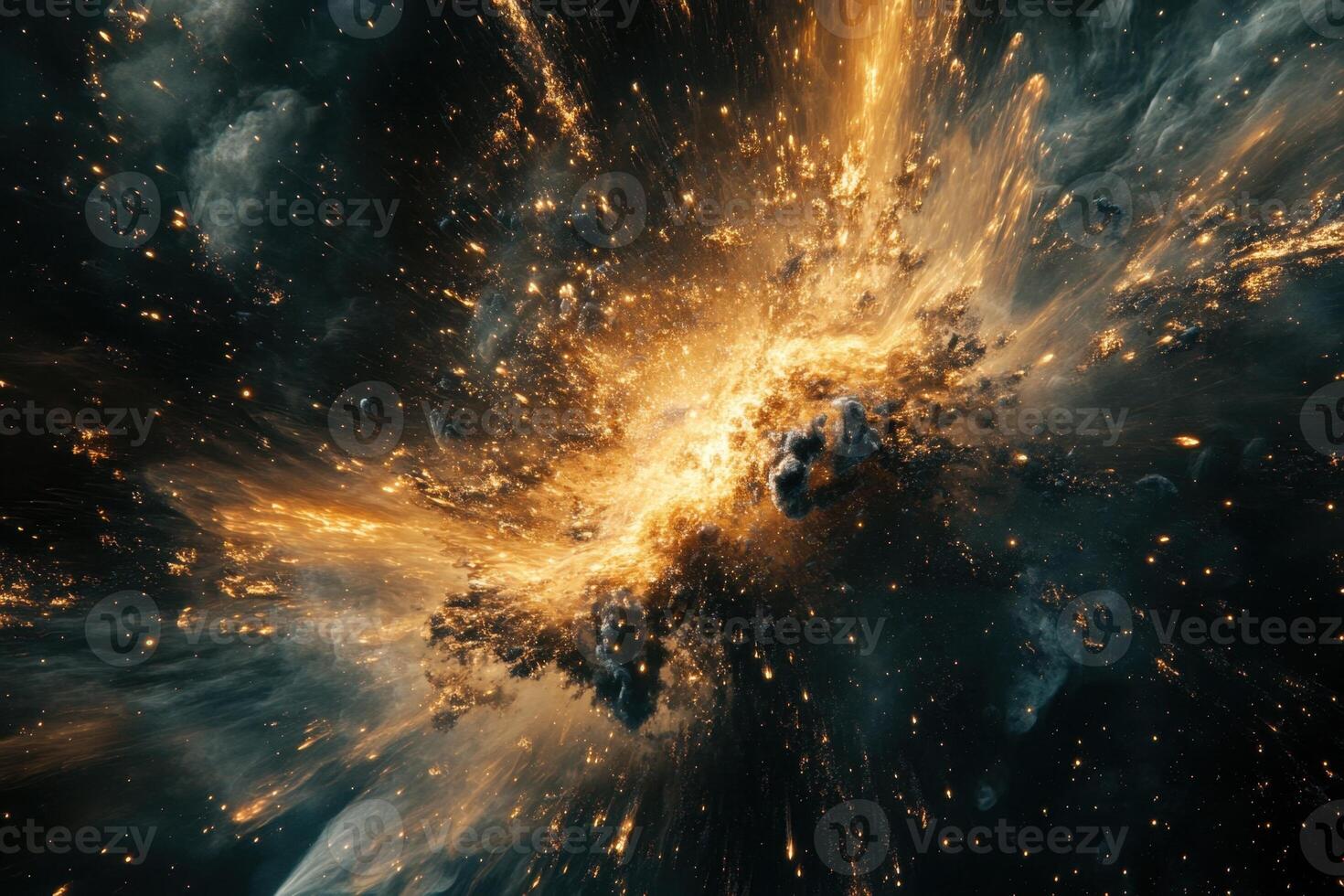 A fiery explosion in space with glowing dust and debris. photo