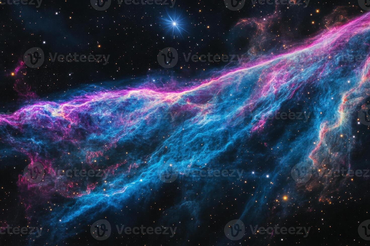 A cosmic nebula glows with vibrant pink and blue hues against a backdrop of scattered stars. photo