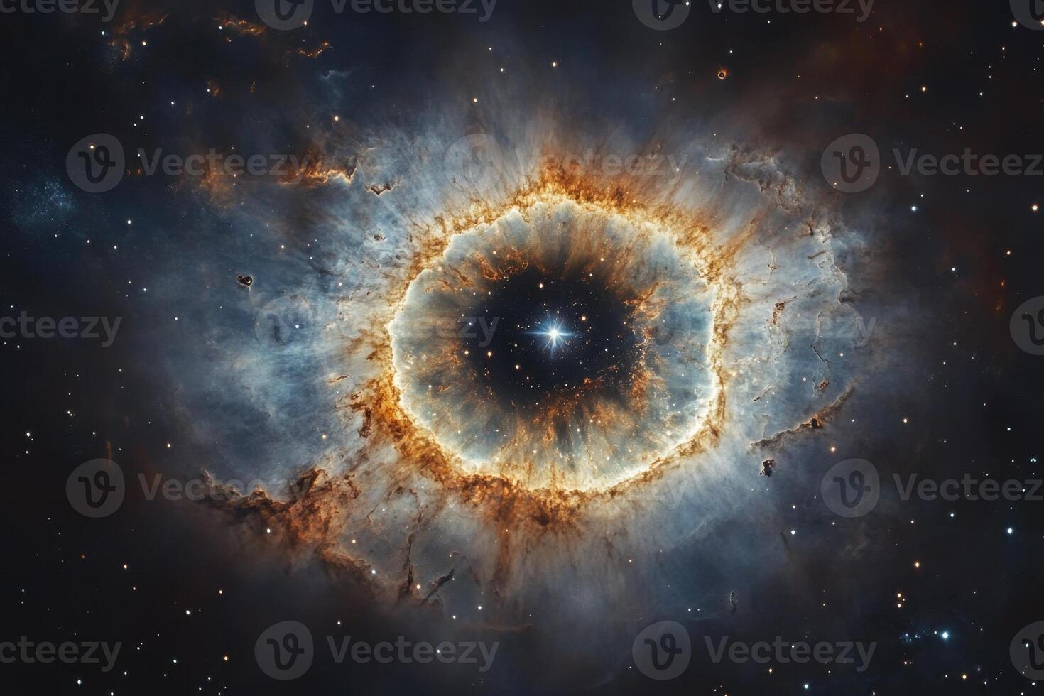 A cosmic eye nebula with a bright star in the center, surrounded by gas and dust. photo