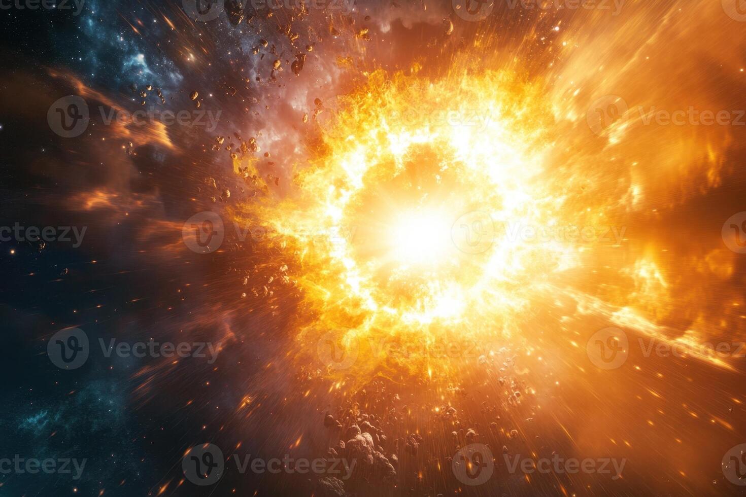 A fiery explosion in space with glowing particles and debris. photo