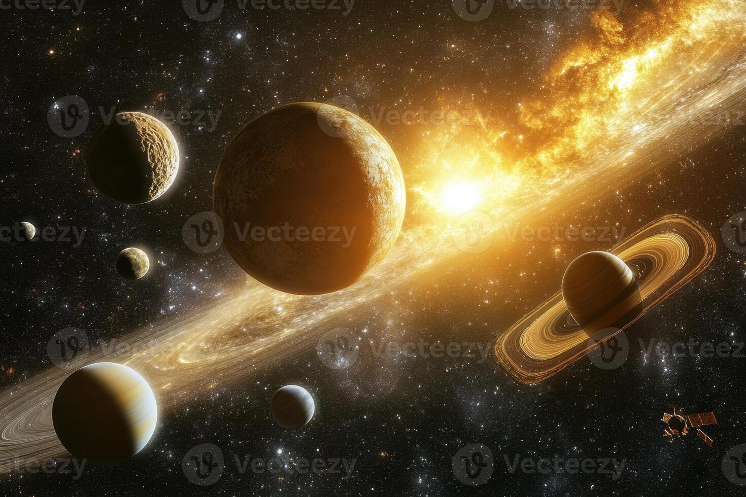 A breathtaking view of a solar system with a vibrant star and planets, some with rings, in the background. photo