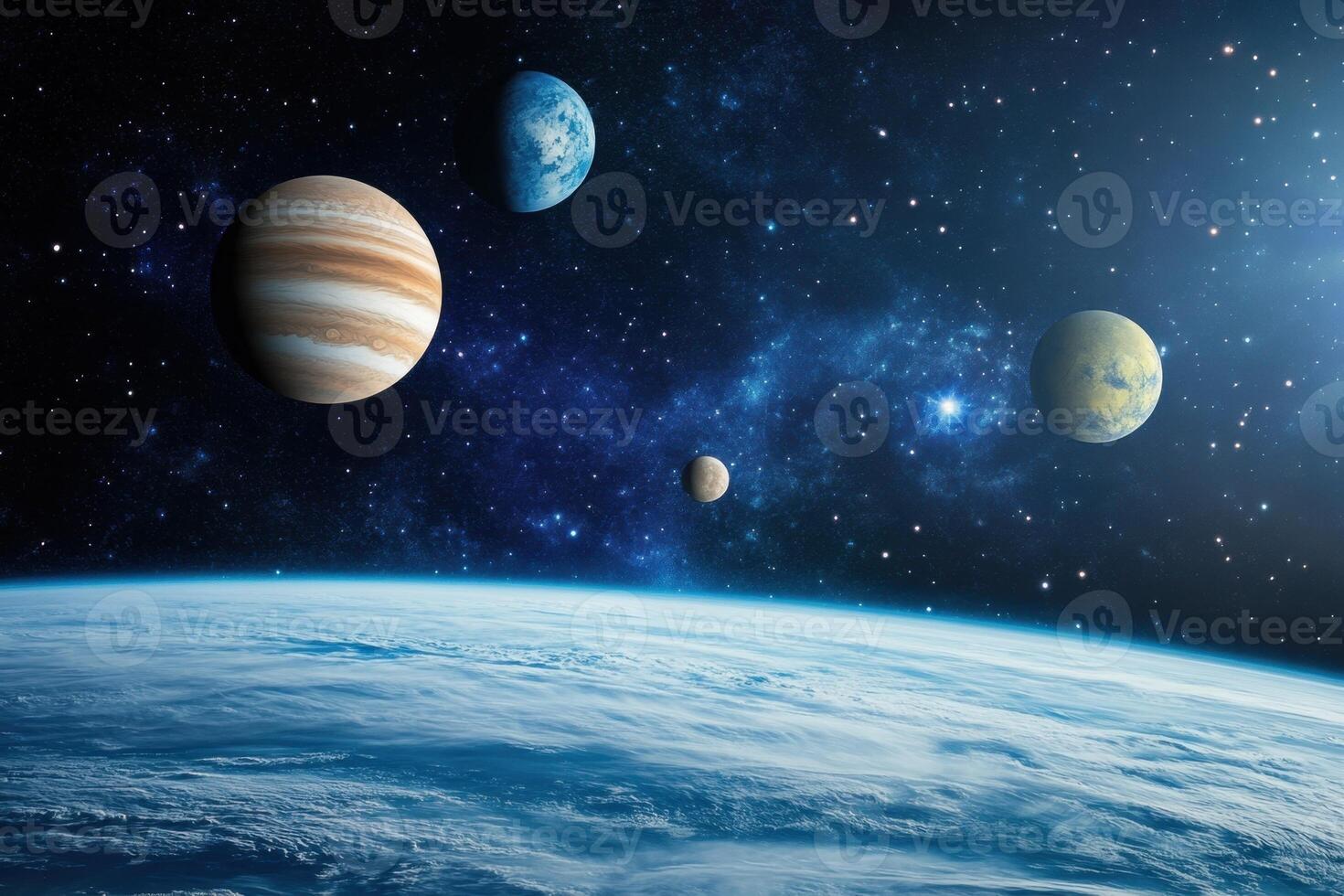 A breathtaking view of a distant planetary system with multiple planets and a star. photo