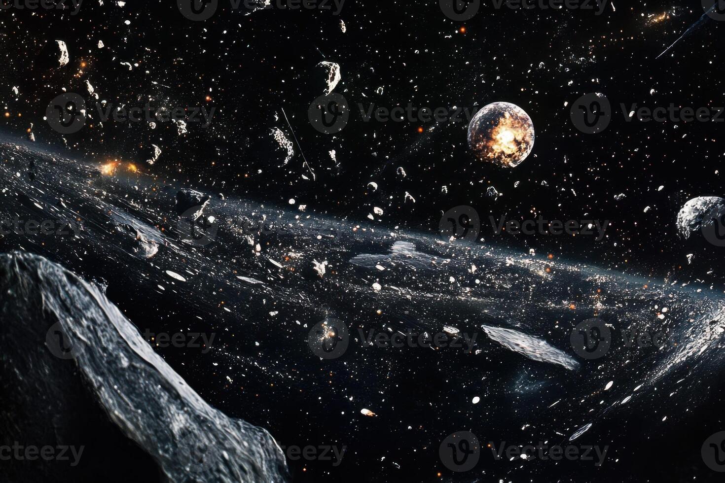 A breathtaking view of a chaotic asteroid field with a fiery planet. photo