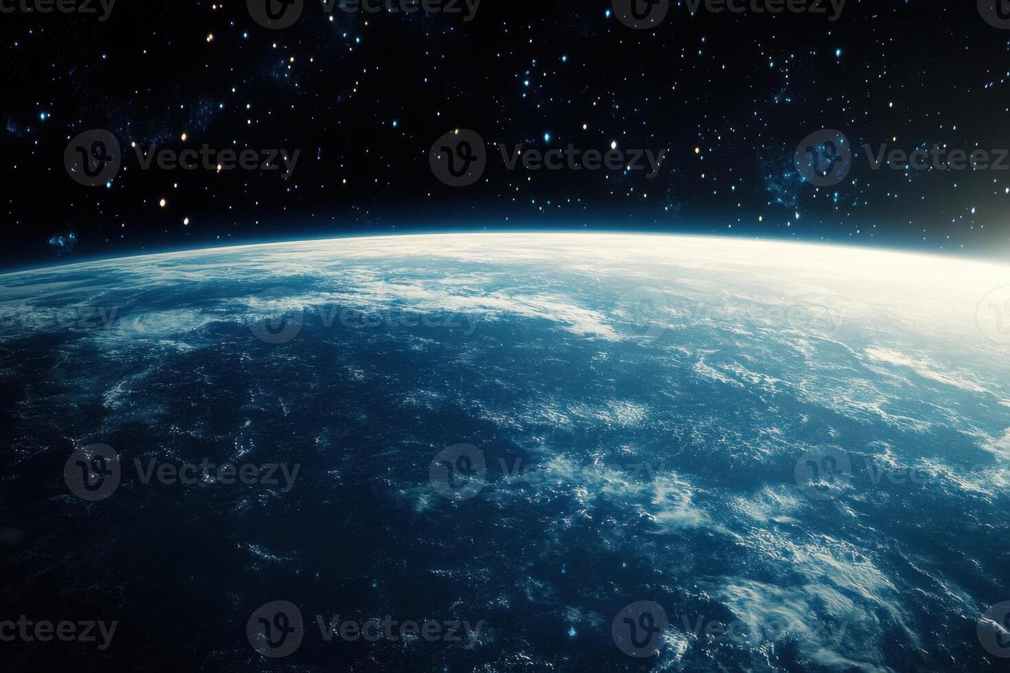 A breathtaking view of Earth from space, showcasing its blue oceans, swirling clouds, and a starry backdrop. photo