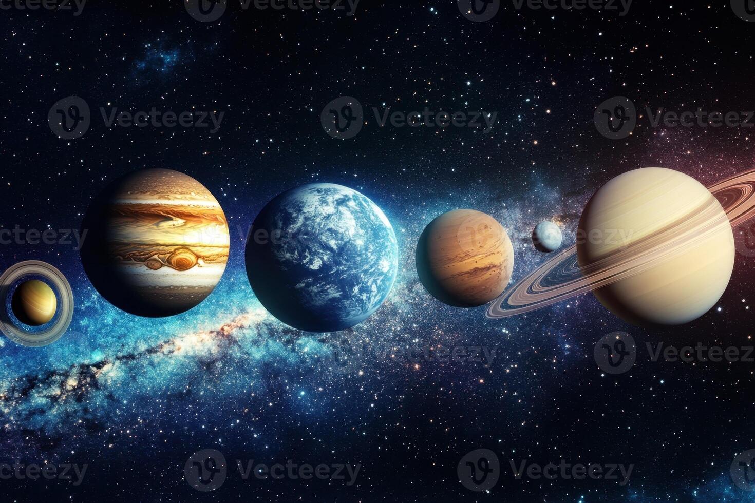 A close-up view of the solar system with planets in a row. photo