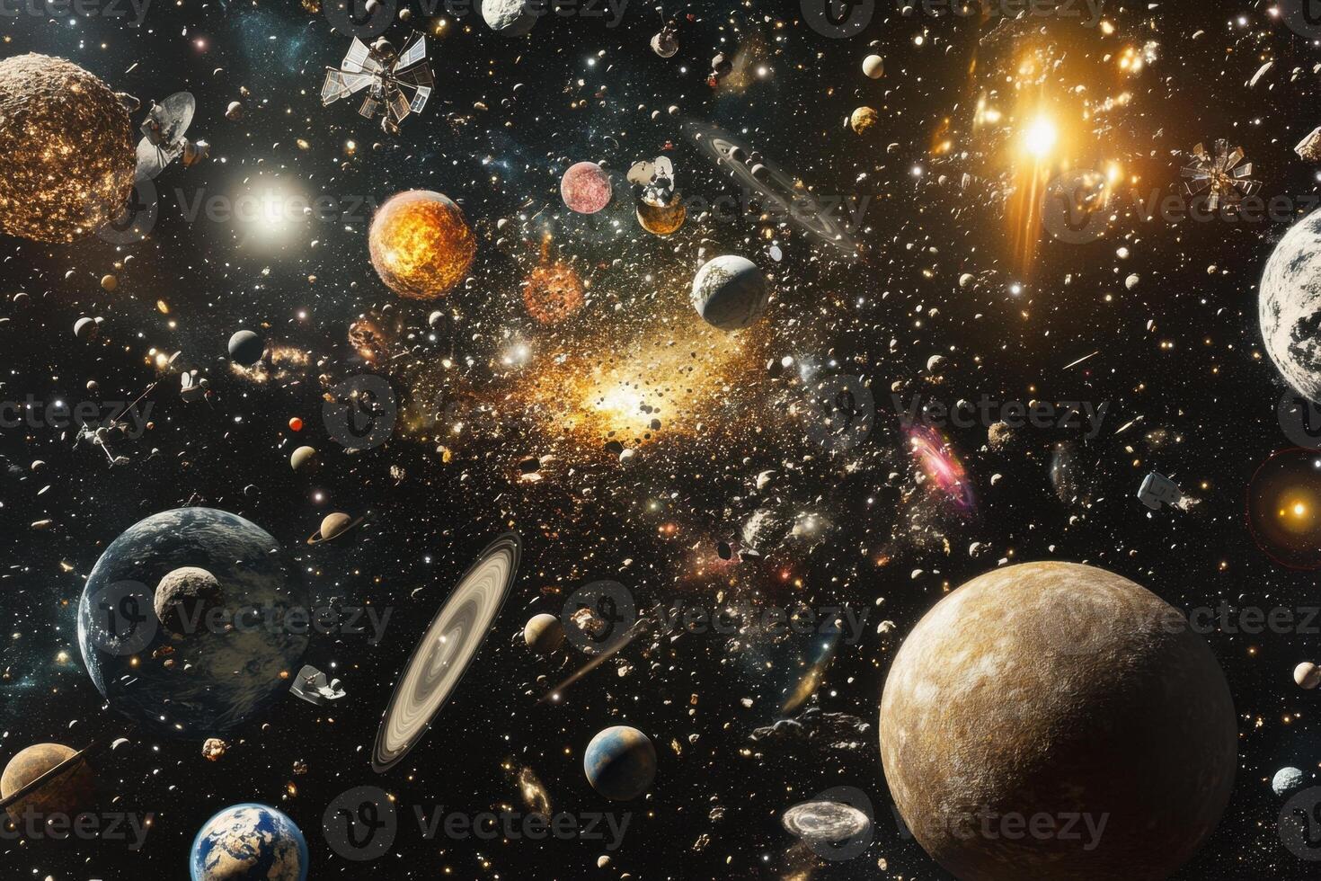 A chaotic scene of planets, stars, and space debris swirling in the cosmos. photo