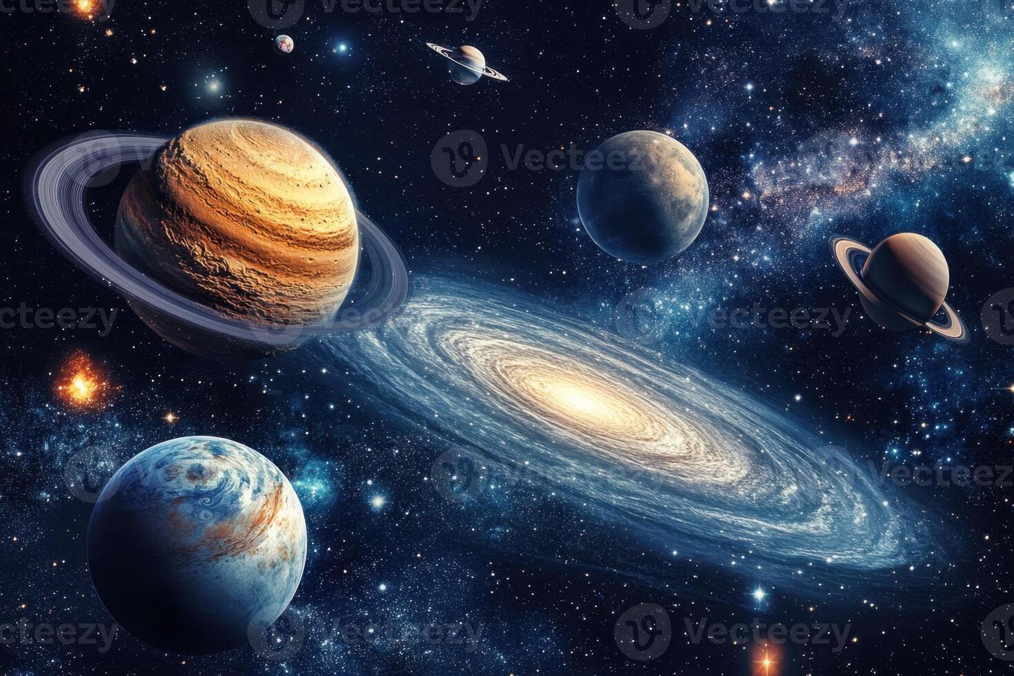A beautiful view of the Milky Way galaxy with planets and stars in the foreground. photo