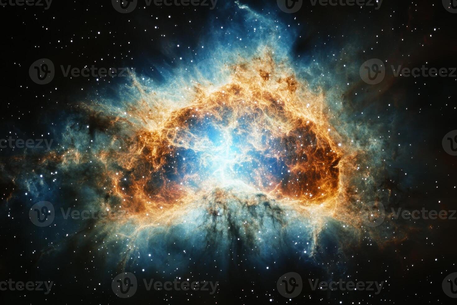 A bright, colorful nebula in space with a central star. photo