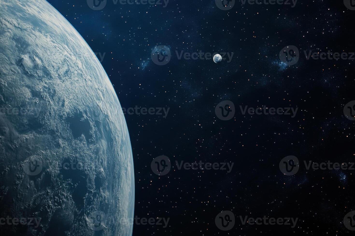 A blue planet with a small moon in the distance against a starry sky. photo