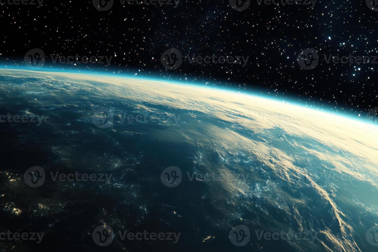 A breathtaking view of Earth from space, with a starry sky above and the planet's curved horizon. photo