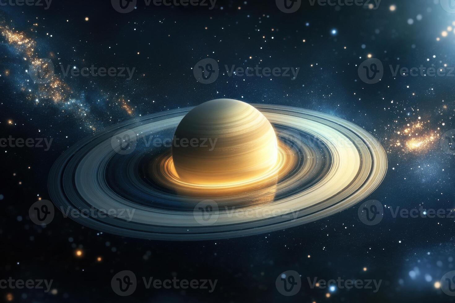 A 3D render of Saturn with its rings in space. photo