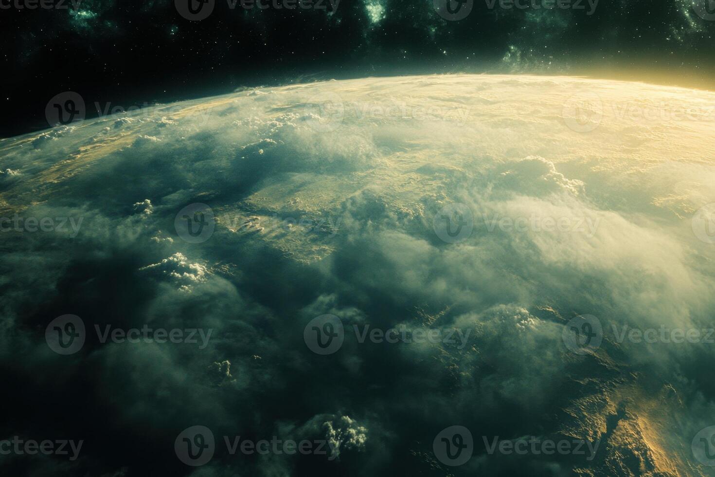 A close-up view of Earth with clouds and a golden sunrise. photo