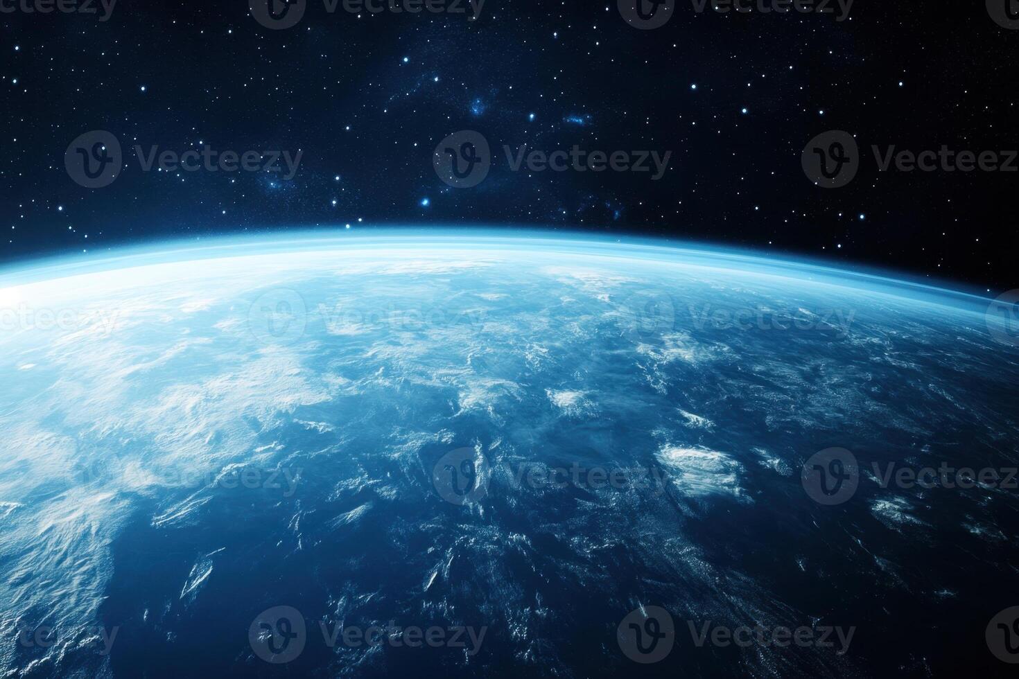 A breathtaking view of Earth from space, showing its blue oceans, white clouds, and a starry sky. photo