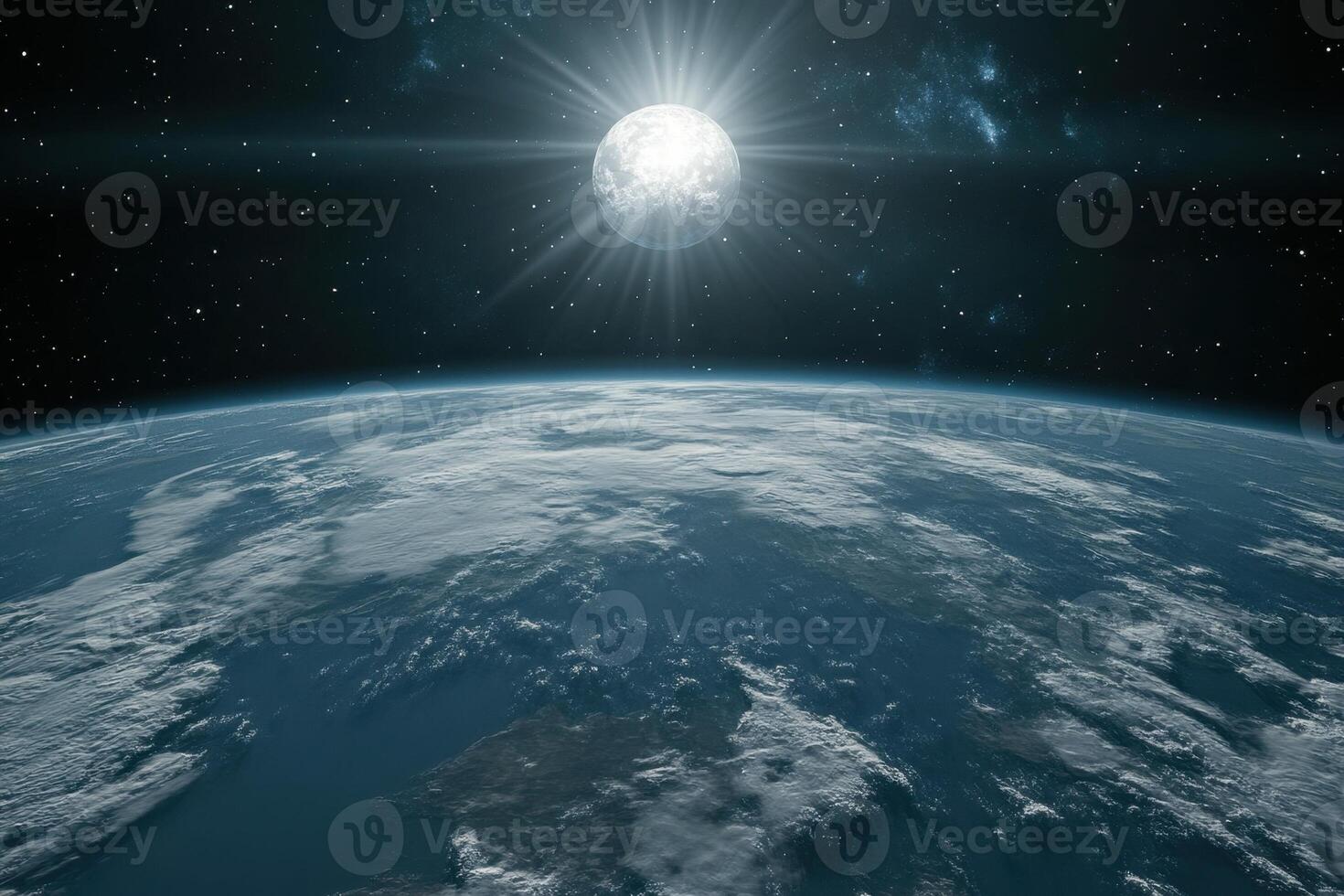 A breathtaking view of Earth from space with the sun shining brightly. photo