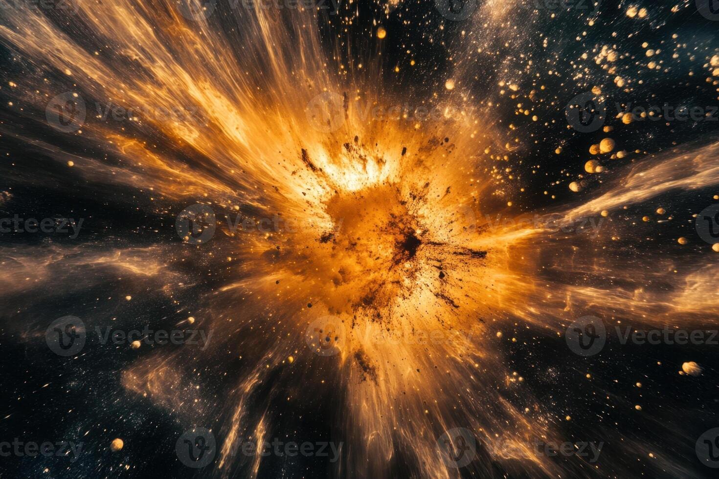 A cosmic explosion with swirling gas and dust creates a vibrant orange and yellow spectacle against a backdrop of twinkling stars. photo