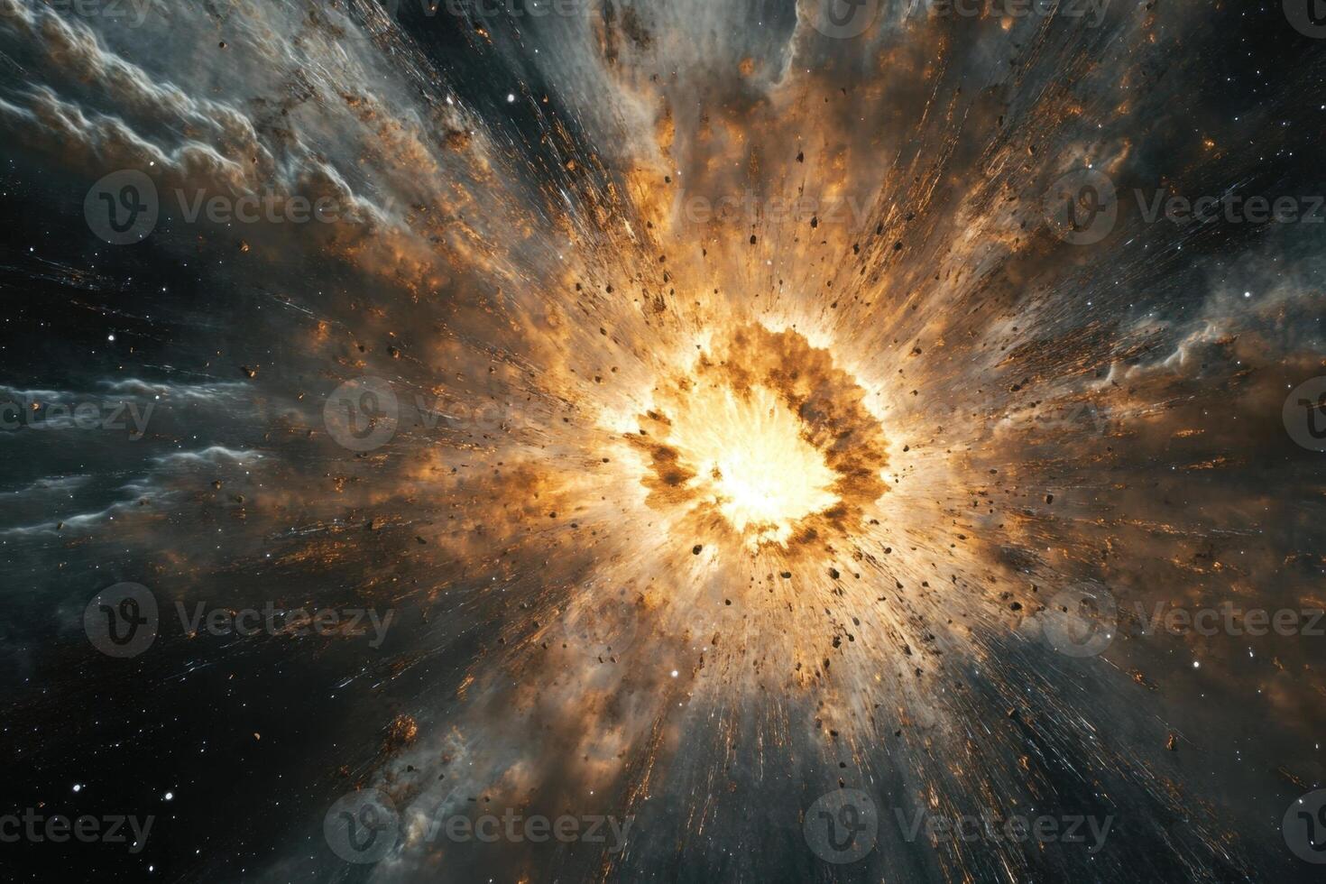 A bright explosion of light and energy in space, surrounded by a cloud of dust and gas. photo