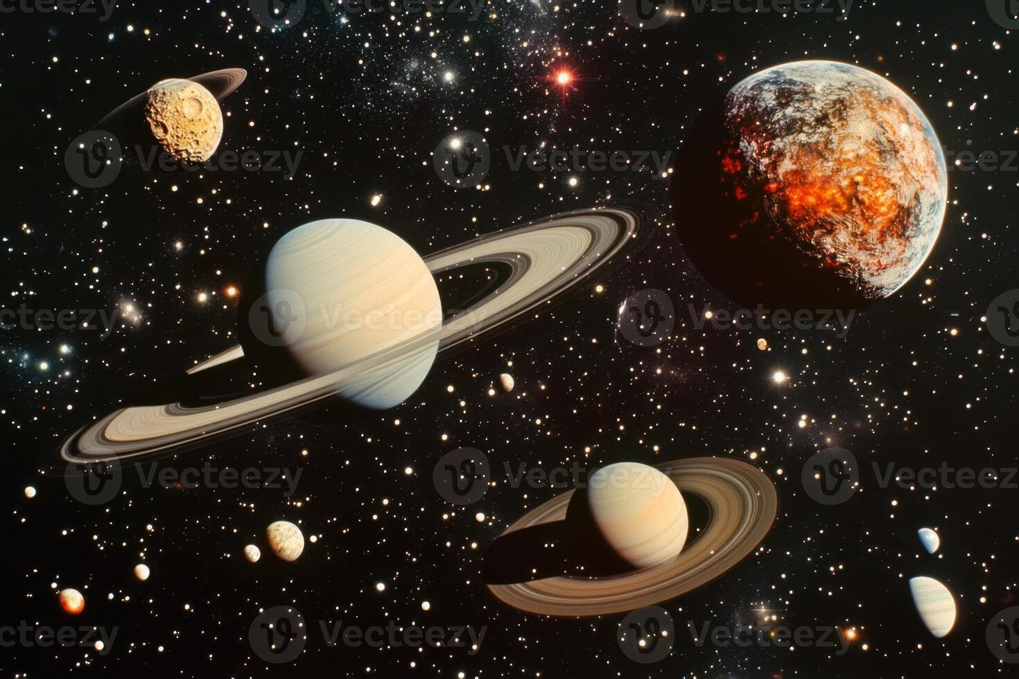 A digital illustration depicting a vast, star-studded space with multiple planets, including Saturn with its prominent rings, and a fiery, red planet. photo