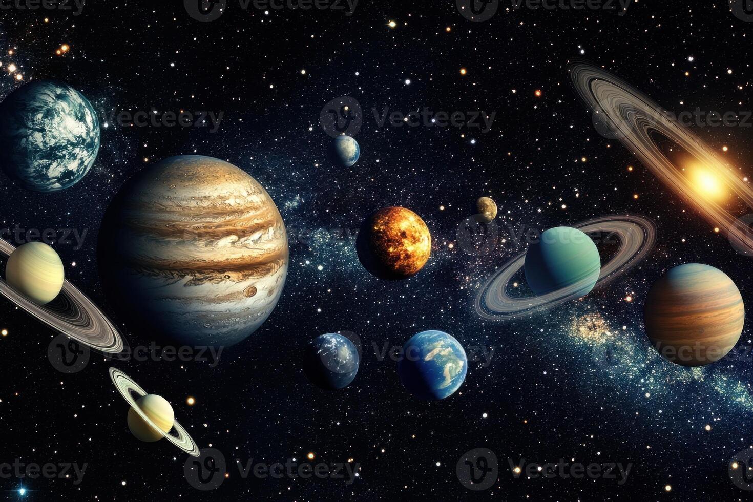 A depiction of the planets in our solar system against a starry backdrop. photo