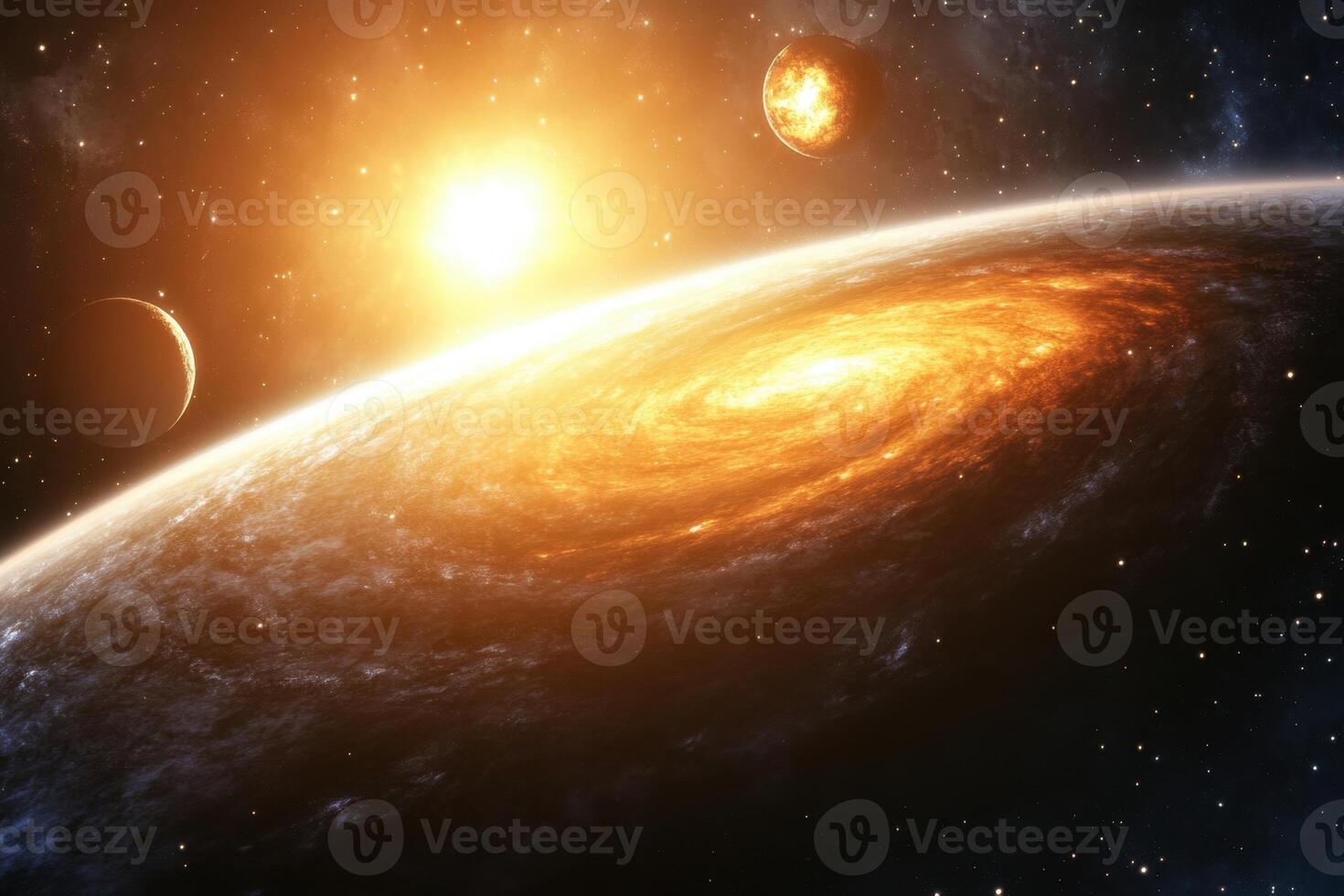 A distant planet with a fiery sun and a galaxy in the background. photo