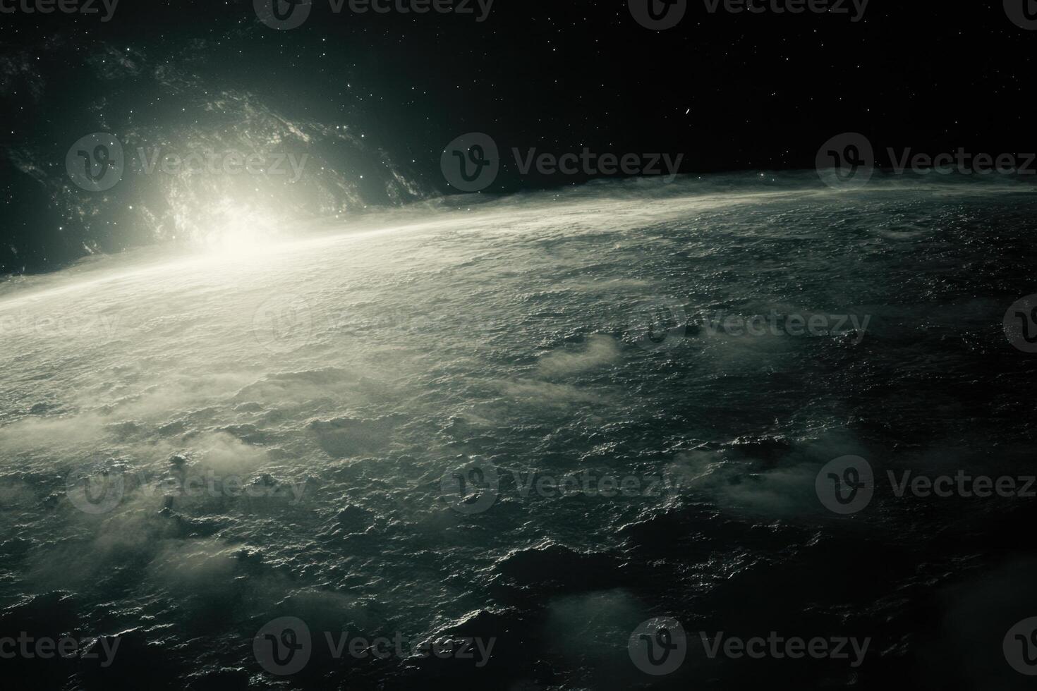 A distant planet with a bright star shining in the distance, viewed from space. photo