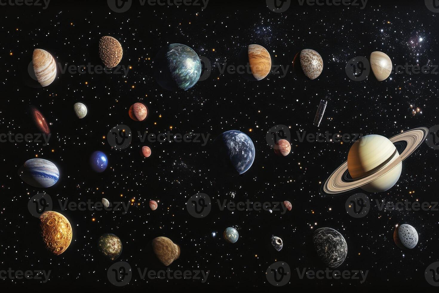 A collection of planets in space, including Earth, Jupiter, Saturn, and Mars. photo
