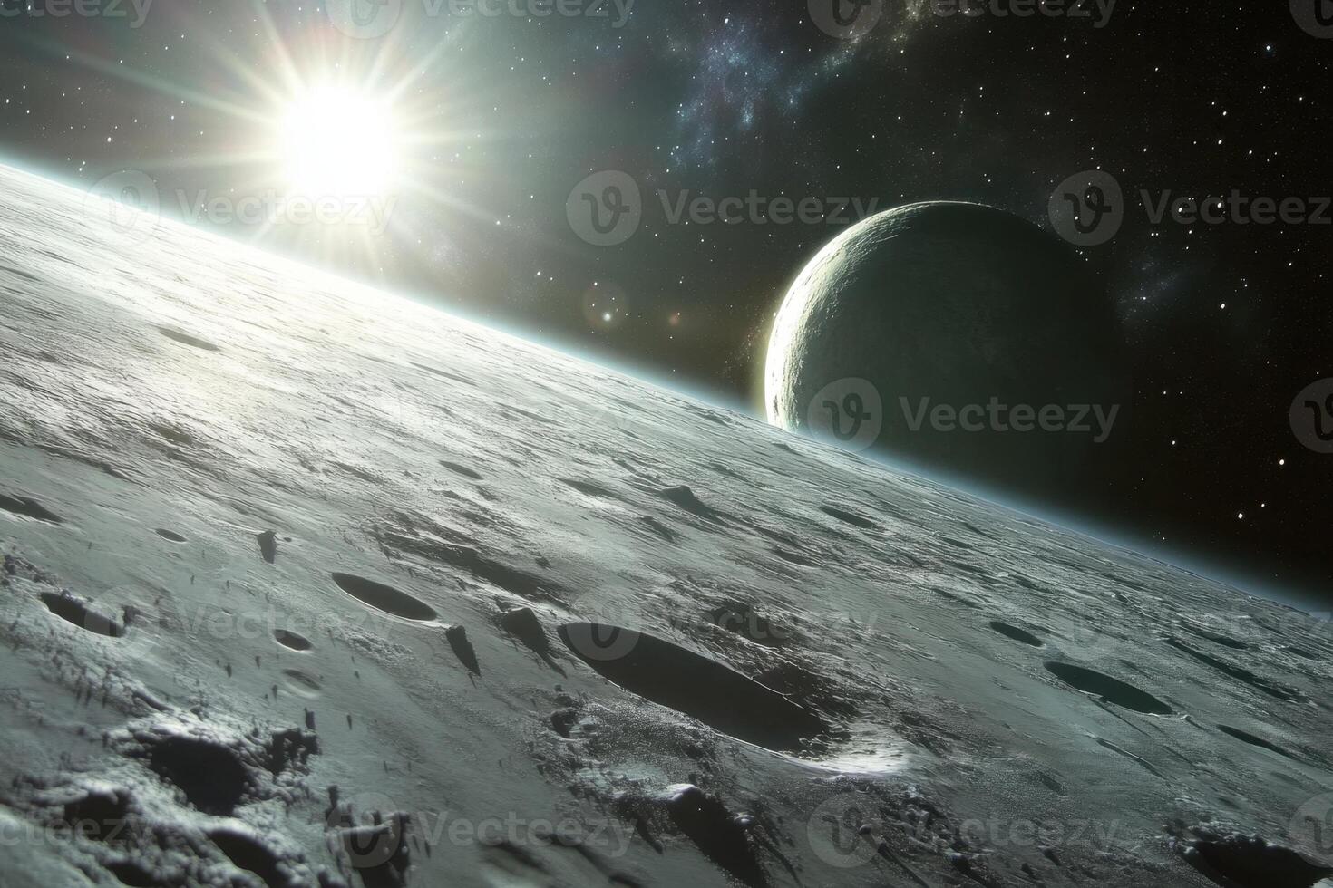 A distant planet with a sun and another planet in the background. photo