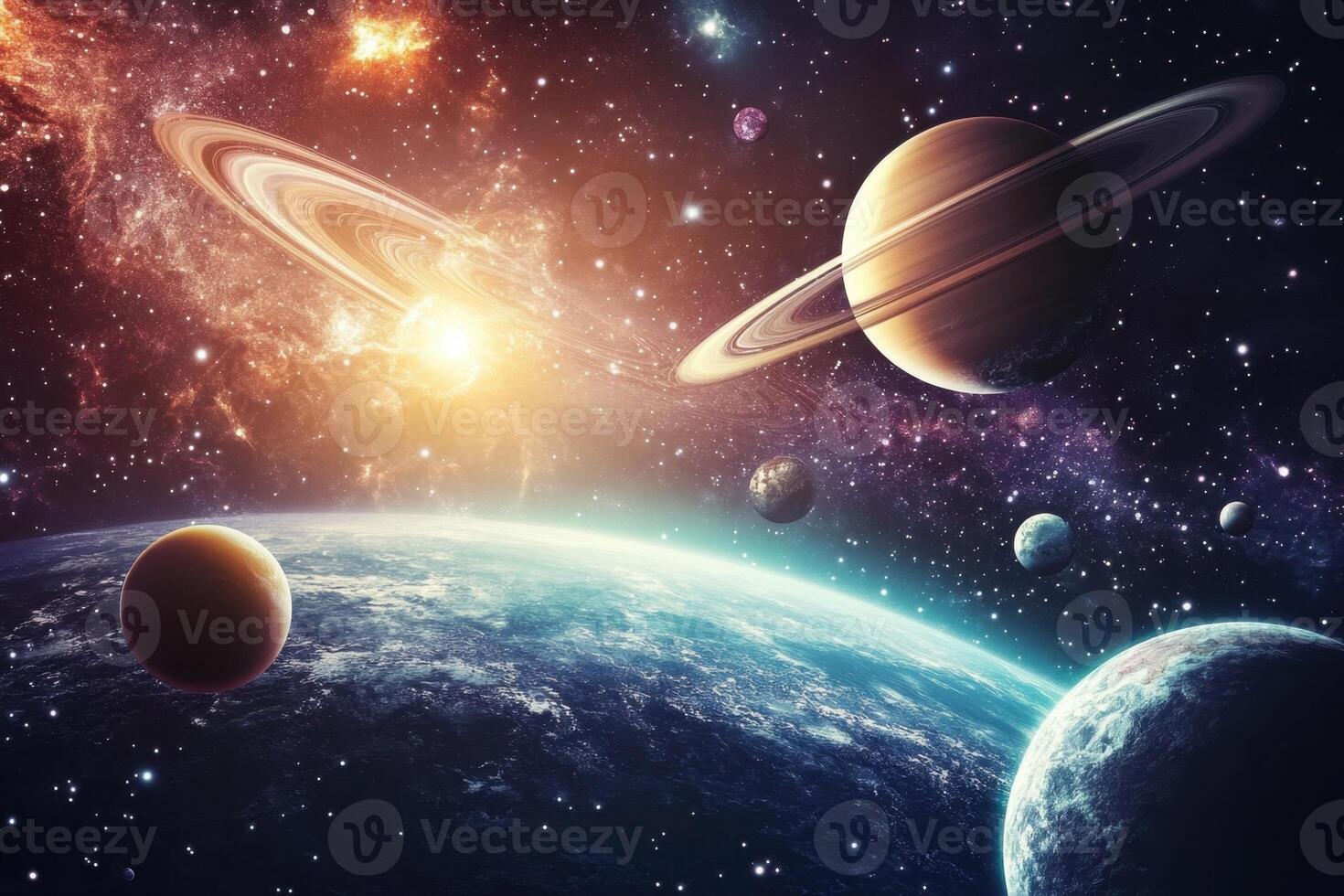 A colorful and vibrant depiction of a solar system with multiple planets, a star, and a nebula in the background. photo
