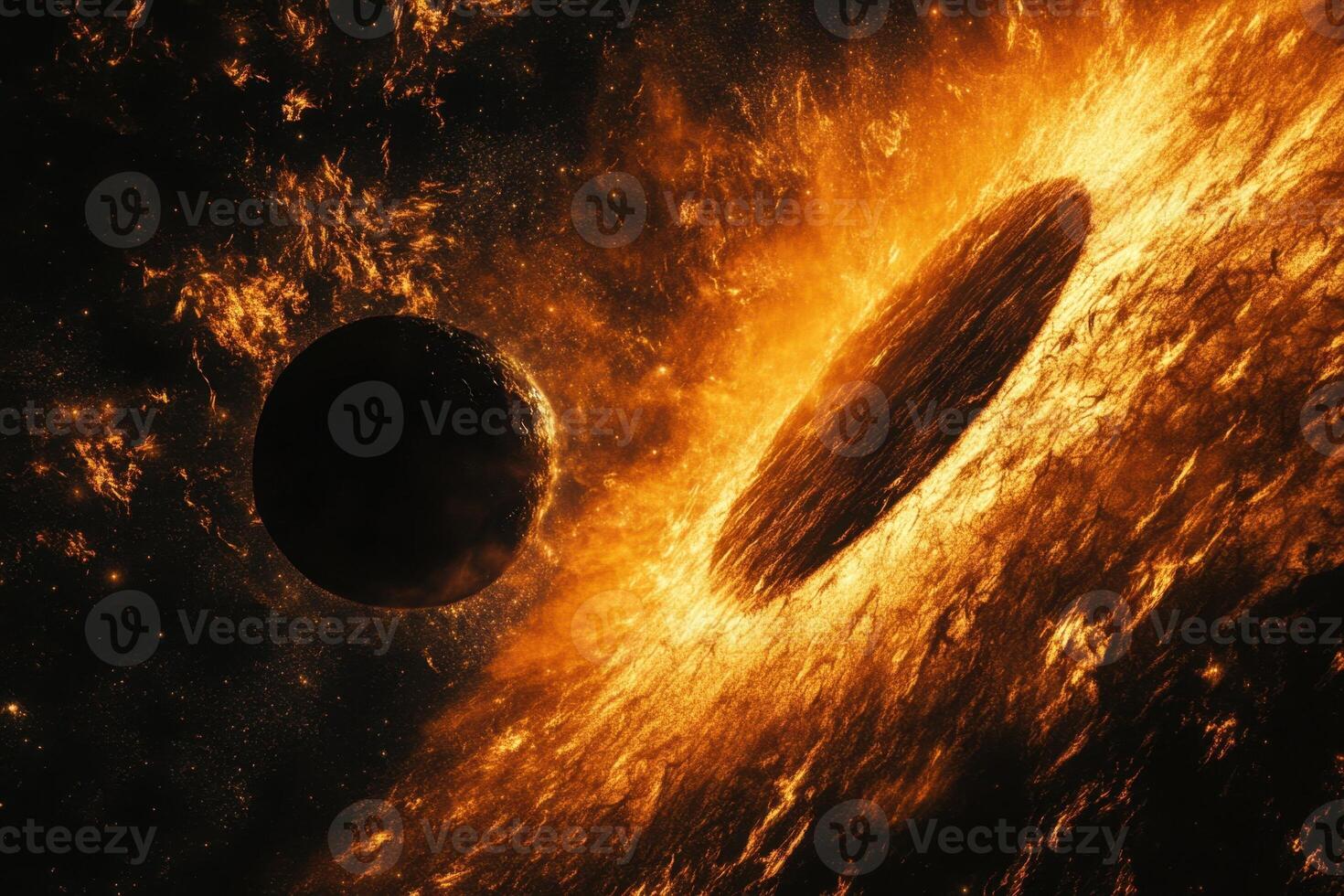 A fiery explosion in space, engulfing a planet in flames. photo