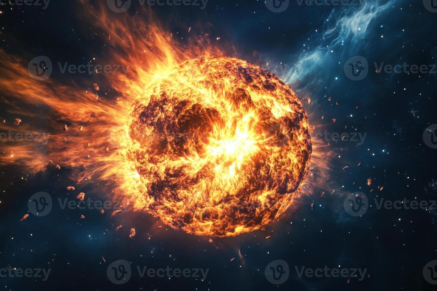 A fiery explosion in space with flames and debris. photo